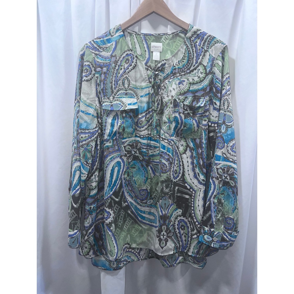 Chicos Blue Green Paisley Lace Up Roll Tab Sleeve Blouse Top Size 2 Large